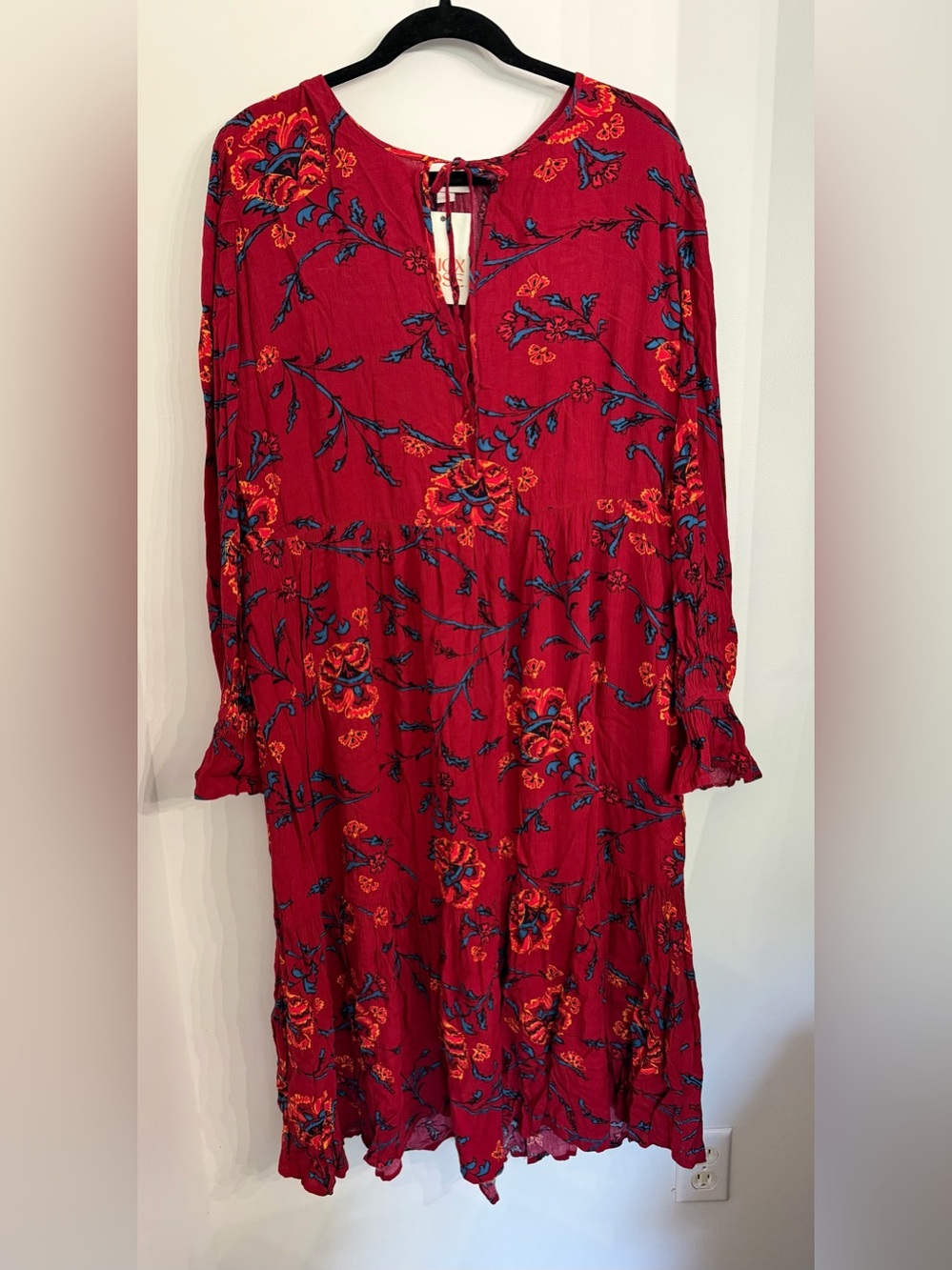 NWT Knox Rose Red Floral Embroidered Boho Maxi Dress Size Large